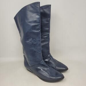 Vintage Mister Boots 7B Blue Leather Mid Calf 80s Retro Flat Tall Boho Slouchy